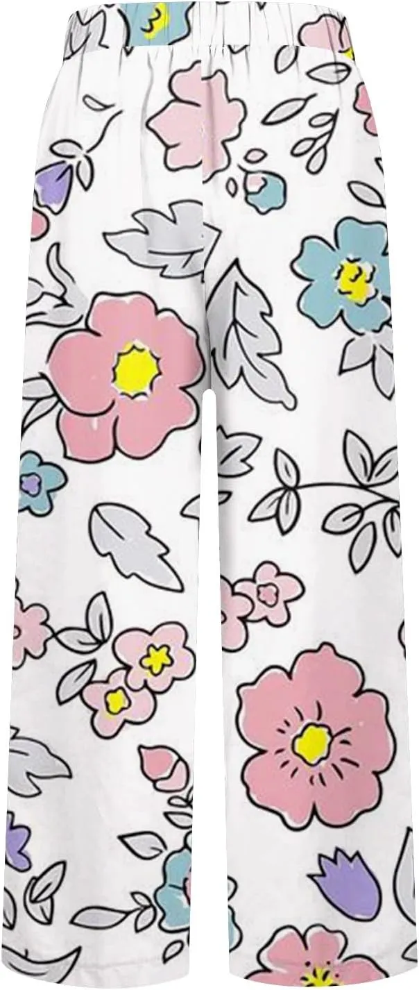 Women's Boho Floral Casual Pants Summer Wide Leg Elastic Waist Beach Vacation Retro Trousers with Pockets Plus Size