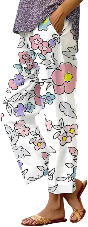 Women's Boho Floral Casual Pants Summer Wide Leg Elastic Waist Beach Vacation Retro Trousers with Pockets Plus Size
