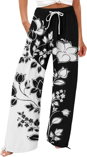Women's Boho Floral Linen Pants 2025 Summer Boho Wide Leg High Waist Lounge Pant 2025 Beach Travel Vacation Outfits