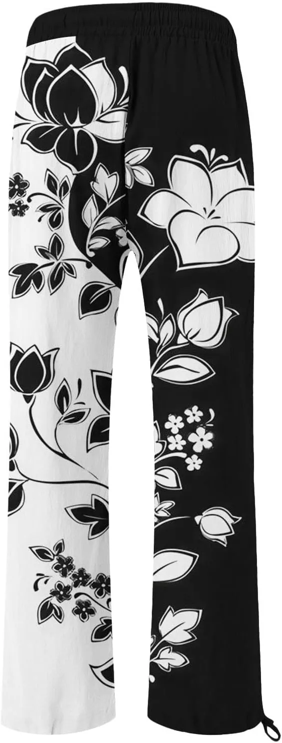 Women's Boho Floral Linen Pants 2025 Summer Boho Wide Leg High Waist Lounge Pant 2025 Beach Travel Vacation Outfits