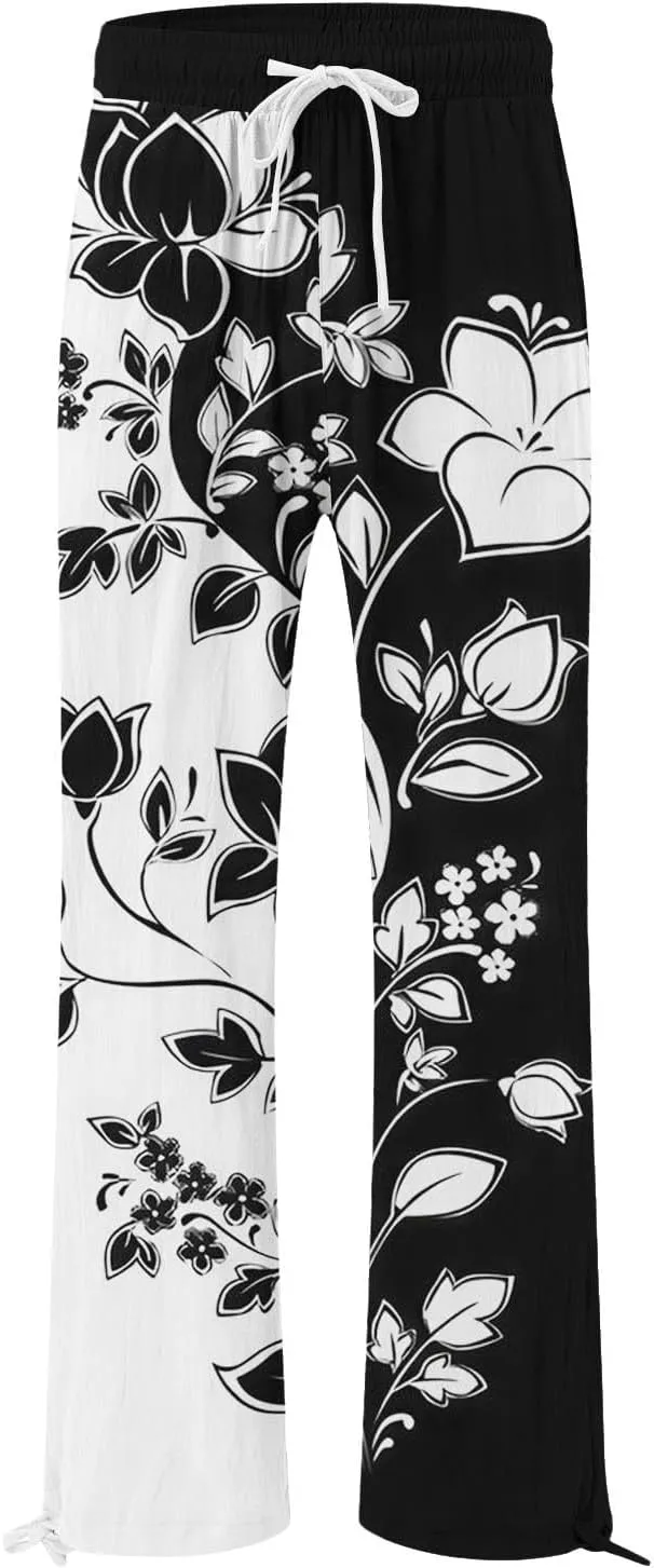 Women's Boho Floral Linen Pants 2025 Summer Boho Wide Leg High Waist Lounge Pant 2025 Beach Travel Vacation Outfits