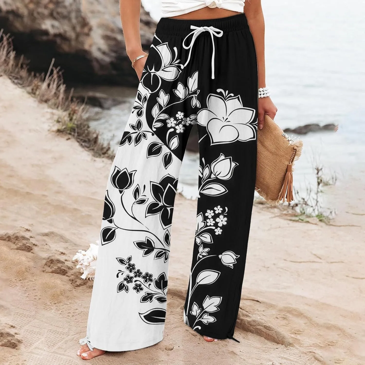 Women's Boho Floral Linen Pants 2025 Summer Boho Wide Leg High Waist Lounge Pant 2025 Beach Travel Vacation Outfits