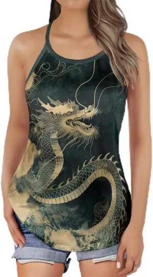 Women's Camisole Tank Tops - Chinese Dragon Spaghetti Strap Criss Cross Open Back Tank Summer Top for Women Series 14