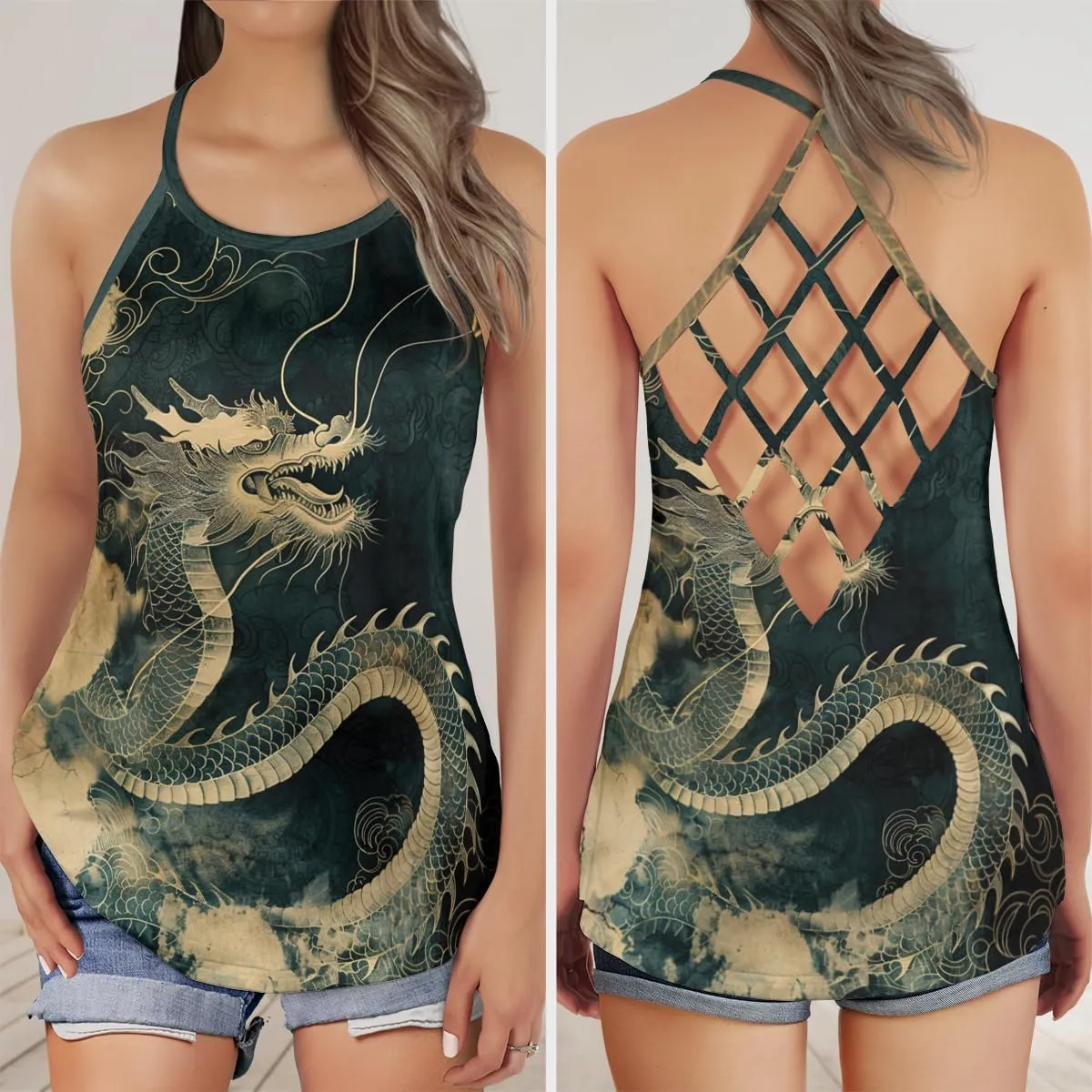 Women's Camisole Tank Tops - Chinese Dragon Spaghetti Strap Criss Cross Open Back Tank Summer Top for Women Series 14