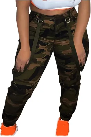 Women's Camo Stretchy Cargo Pants High Elastic Waisted Slim Fit Camouflage Military Trousers with Pockets