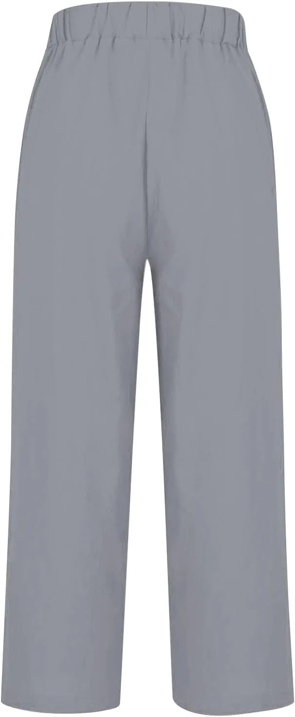 Women's Casual Boho Cotton Linen Pants Elastic Waisted Drawstring Straight Leg Summer Beach Baggy Capri with Pockets