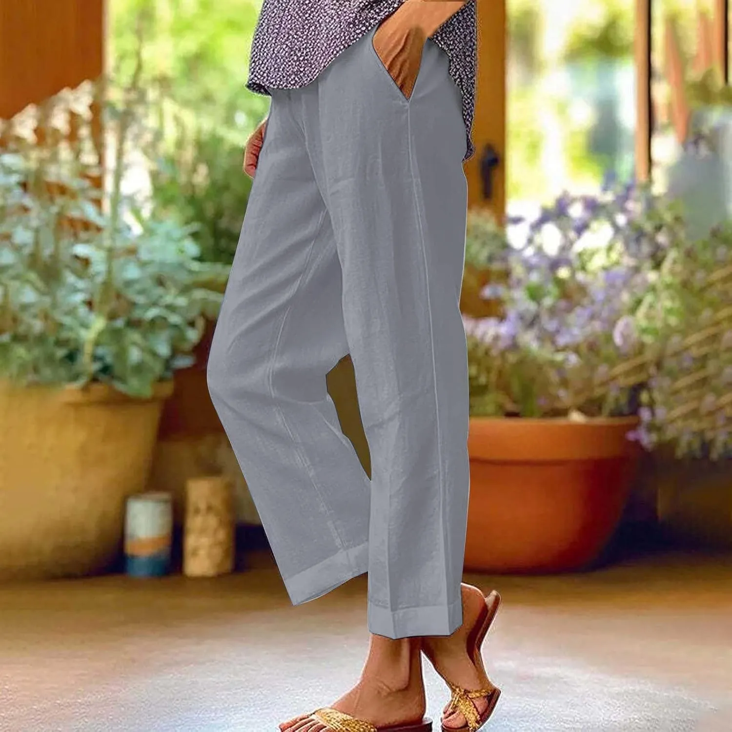 Women's Casual Boho Cotton Linen Pants Elastic Waisted Drawstring Straight Leg Summer Beach Baggy Capri with Pockets