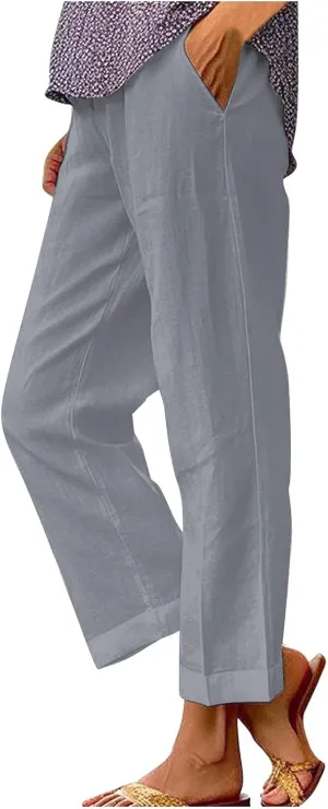 Women's Casual Boho Cotton Linen Pants Elastic Waisted Drawstring Straight Leg Summer Beach Baggy Capri with Pockets