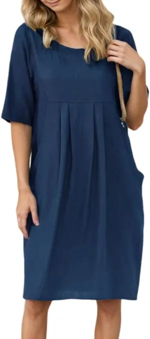 Womens Casual Cotton Linen Half Sleeve Crew Neck Midi Ruched Dress Plus Size Loose T Shirt Dresses with Pockets