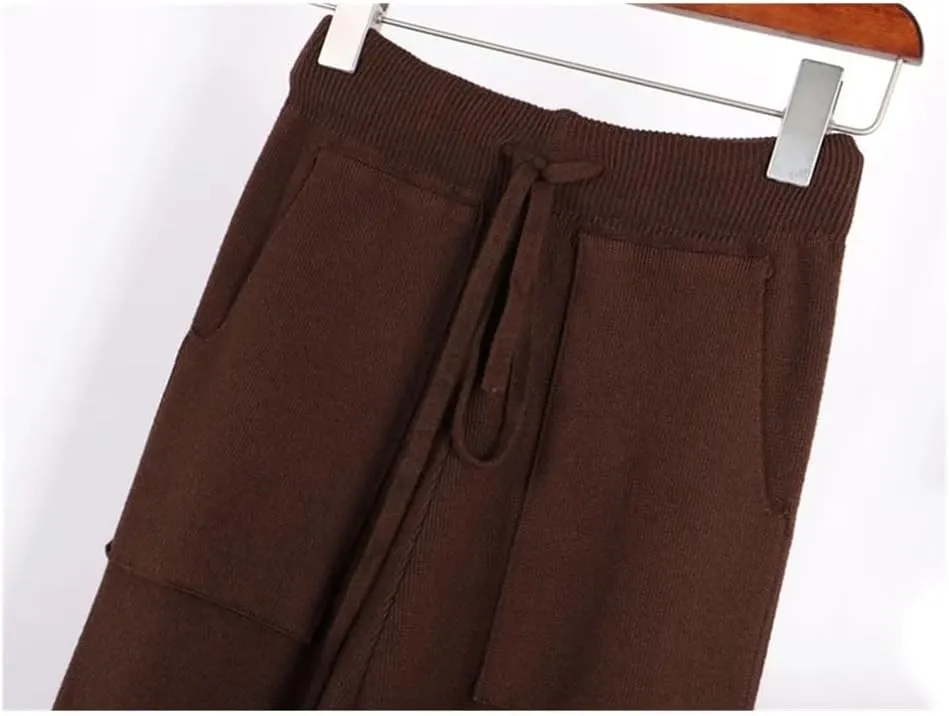 WomenS Casual Harem Pants - Winter Loose Knit Trousers with Pockets - Solid Color Sweater Pants for Women