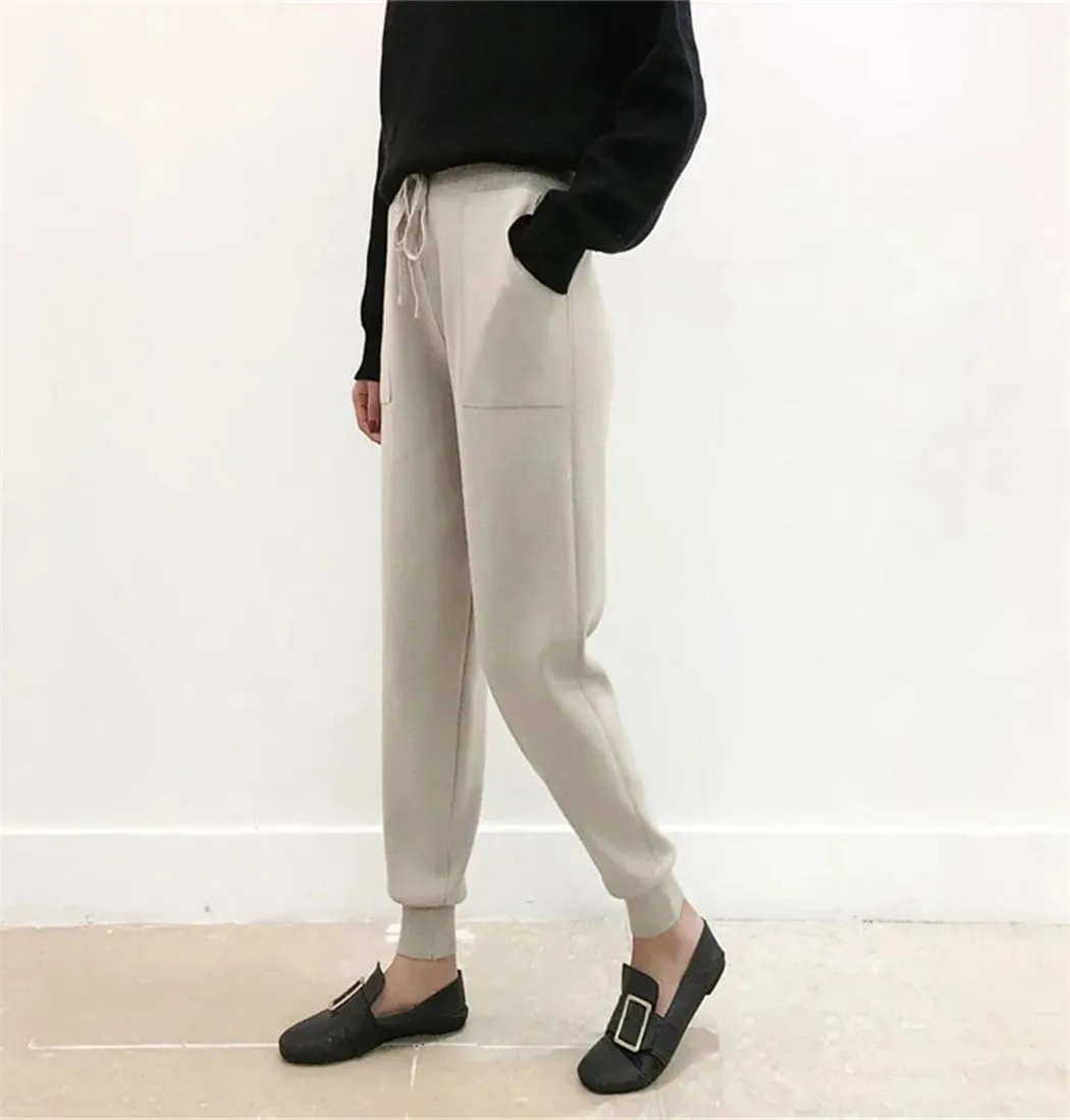 WomenS Casual Harem Pants - Winter Loose Knit Trousers with Pockets - Solid Color Sweater Pants for Women