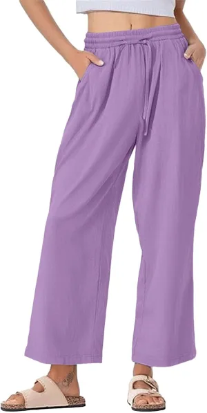 Womens Casual Linen High Waist Pants Drawstring Waist Loose Fit Summer Pants Beach Trousers Outfits
