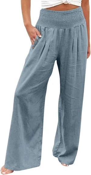 Women's Casual Linen Palazzo Pants Smocked Elastic Waist Summer Boho Wide Leg Long Flowy Lounge Trousers with Pockets
