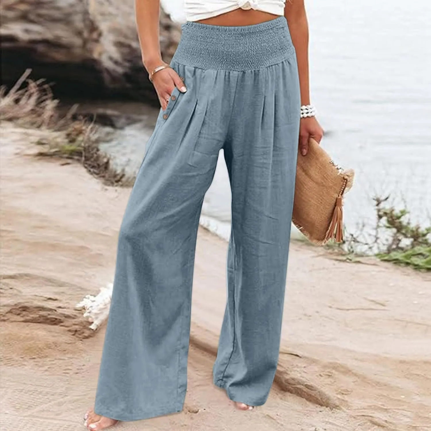 Women's Casual Linen Palazzo Pants Smocked Elastic Waist Summer Boho Wide Leg Long Flowy Lounge Trousers with Pockets