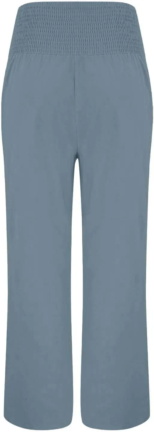 Women's Casual Linen Palazzo Pants Smocked Elastic Waist Summer Boho Wide Leg Long Flowy Lounge Trousers with Pockets