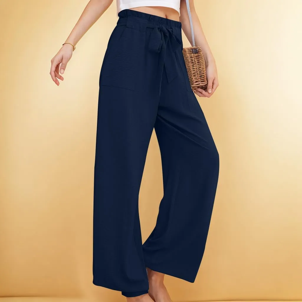 Women's Casual Pants High Waist Lace Up Straight Leg Long Pant Summer Trendy Solid Baggy Palazzo Trouser with Pockets