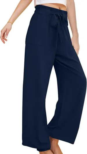 Women's Casual Pants High Waist Lace Up Straight Leg Long Pant Summer Trendy Solid Baggy Palazzo Trouser with Pockets