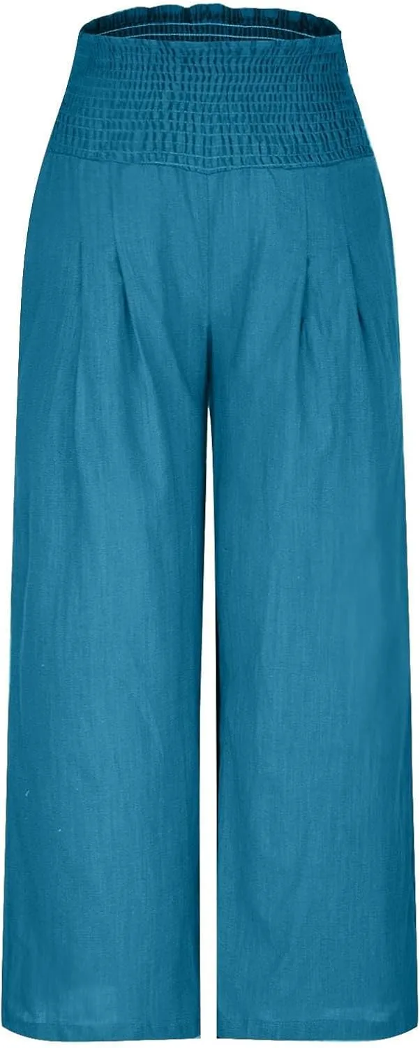 Women's Cotton Linen Palazzo Pants Loose Elastic Waist Trousers Solid Pleated Baggy Slacks Summer Vacation Outfits