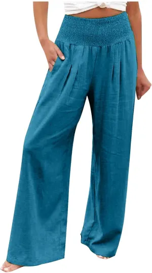 Women's Cotton Linen Palazzo Pants Loose Elastic Waist Trousers Solid Pleated Baggy Slacks Summer Vacation Outfits