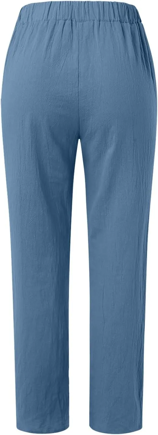 Women's Cotton Linen Pants 2025 Summer Casual Loose Elastic High Waisted Wide Leg Beach Trousers with Pockets