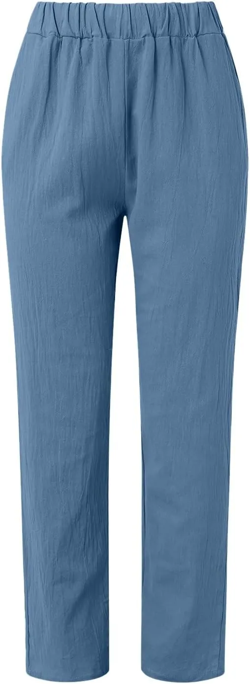 Women's Cotton Linen Pants 2025 Summer Casual Loose Elastic High Waisted Wide Leg Beach Trousers with Pockets