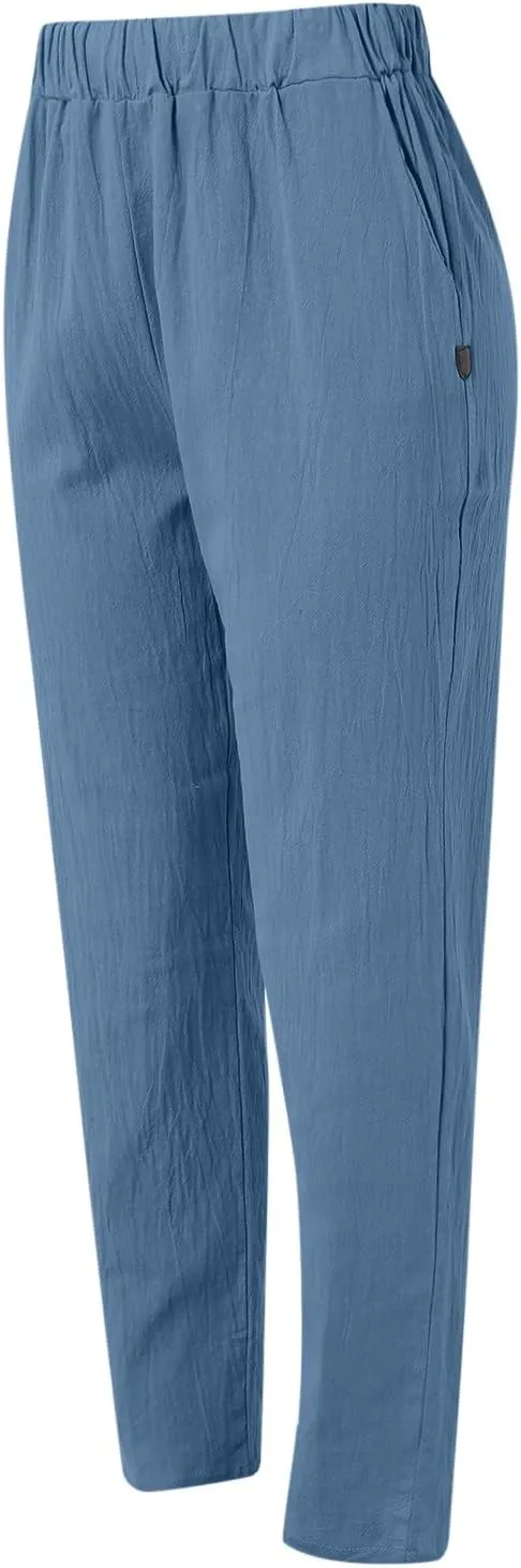 Women's Cotton Linen Pants 2025 Summer Casual Loose Elastic High Waisted Wide Leg Beach Trousers with Pockets