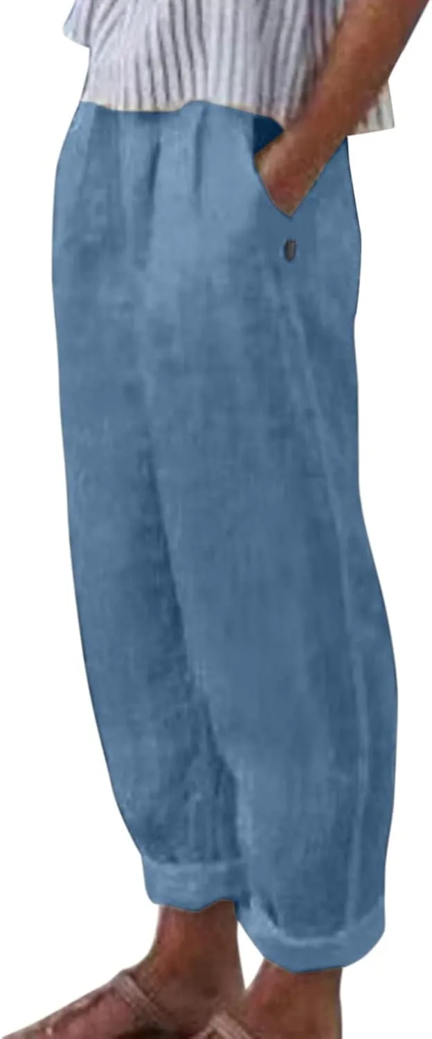 Women's Cotton Linen Pants 2025 Summer Casual Loose Elastic High Waisted Wide Leg Beach Trousers with Pockets