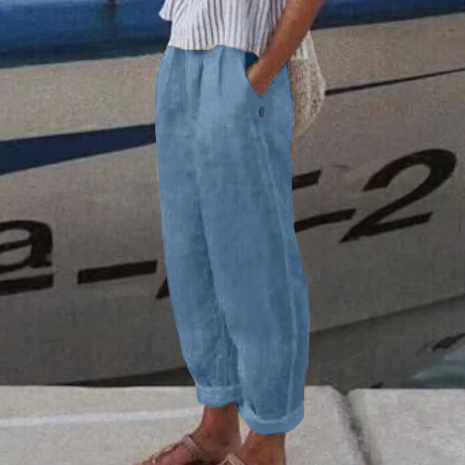 Women's Cotton Linen Pants 2025 Summer Casual Loose Elastic High Waisted Wide Leg Beach Trousers with Pockets