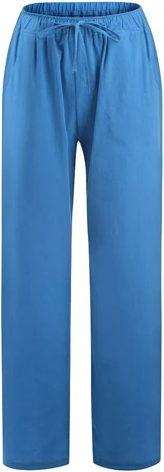 Womens Cotton Linen Pants 2025 Summer Wide Leg Casual Loose Drawstring High Waist Palazzo Pants Trousers with Pockets