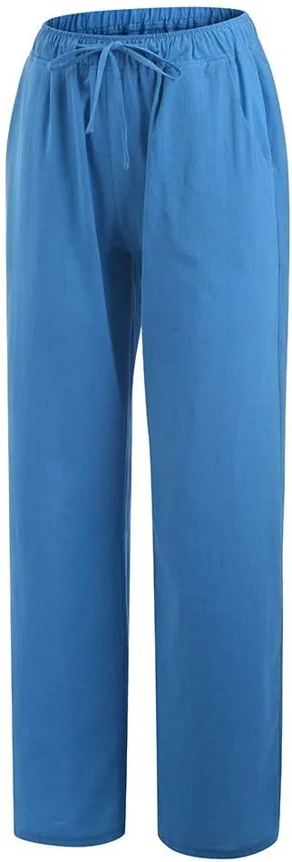 Womens Cotton Linen Pants 2025 Summer Wide Leg Casual Loose Drawstring High Waist Palazzo Pants Trousers with Pockets