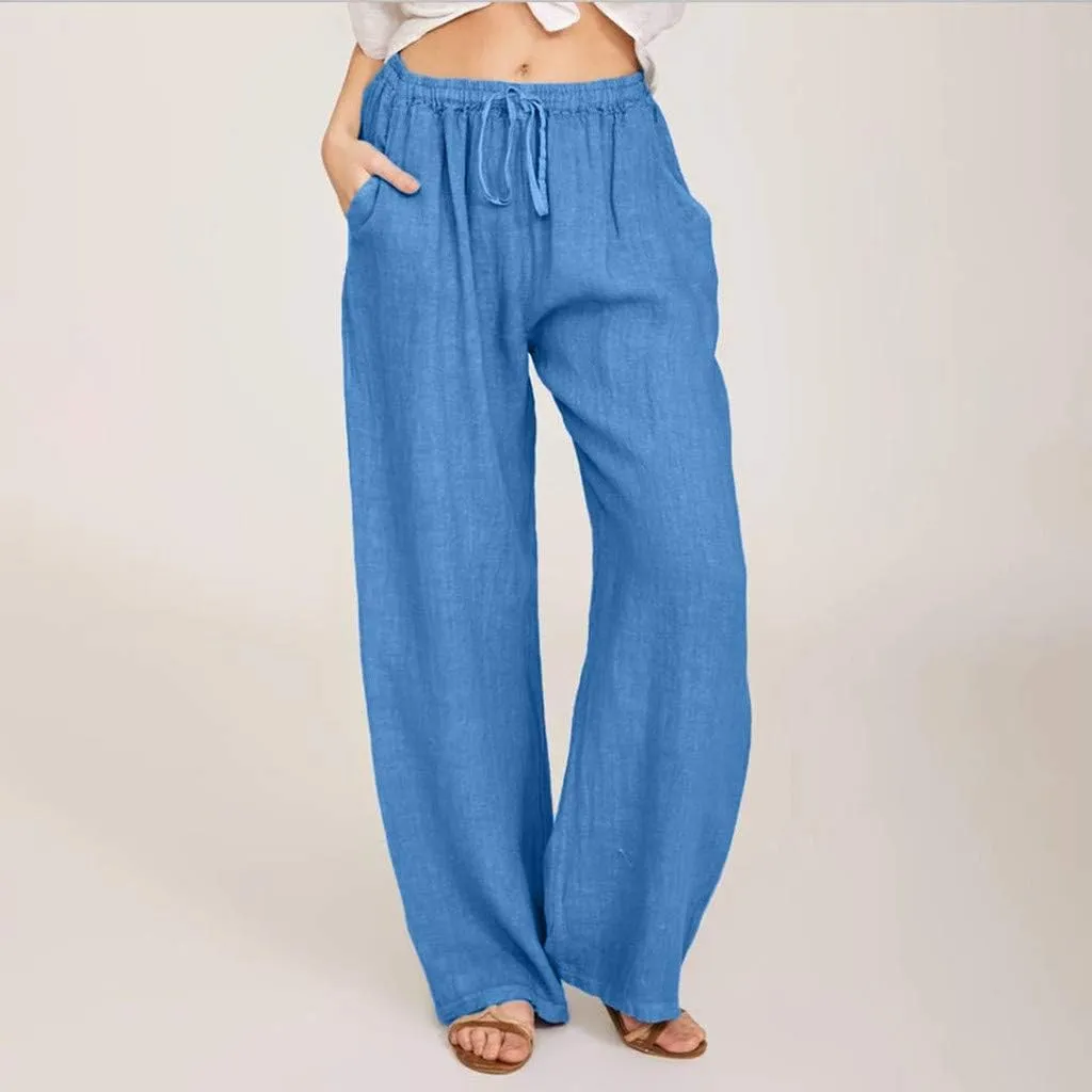 Womens Cotton Linen Pants 2025 Summer Wide Leg Casual Loose Drawstring High Waist Palazzo Pants Trousers with Pockets