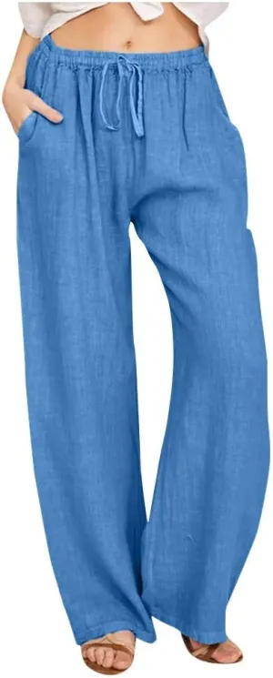 Womens Cotton Linen Pants 2025 Summer Wide Leg Casual Loose Drawstring High Waist Palazzo Pants Trousers with Pockets