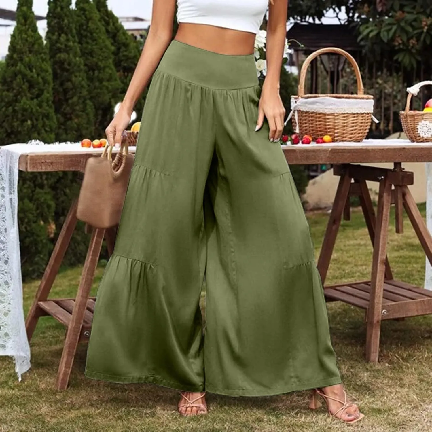 Womens Cotton Linen Pants Elastic High Waist Loose Fit Wide Leg Trousers 2025 Summer Casual Trendy Beach Pants