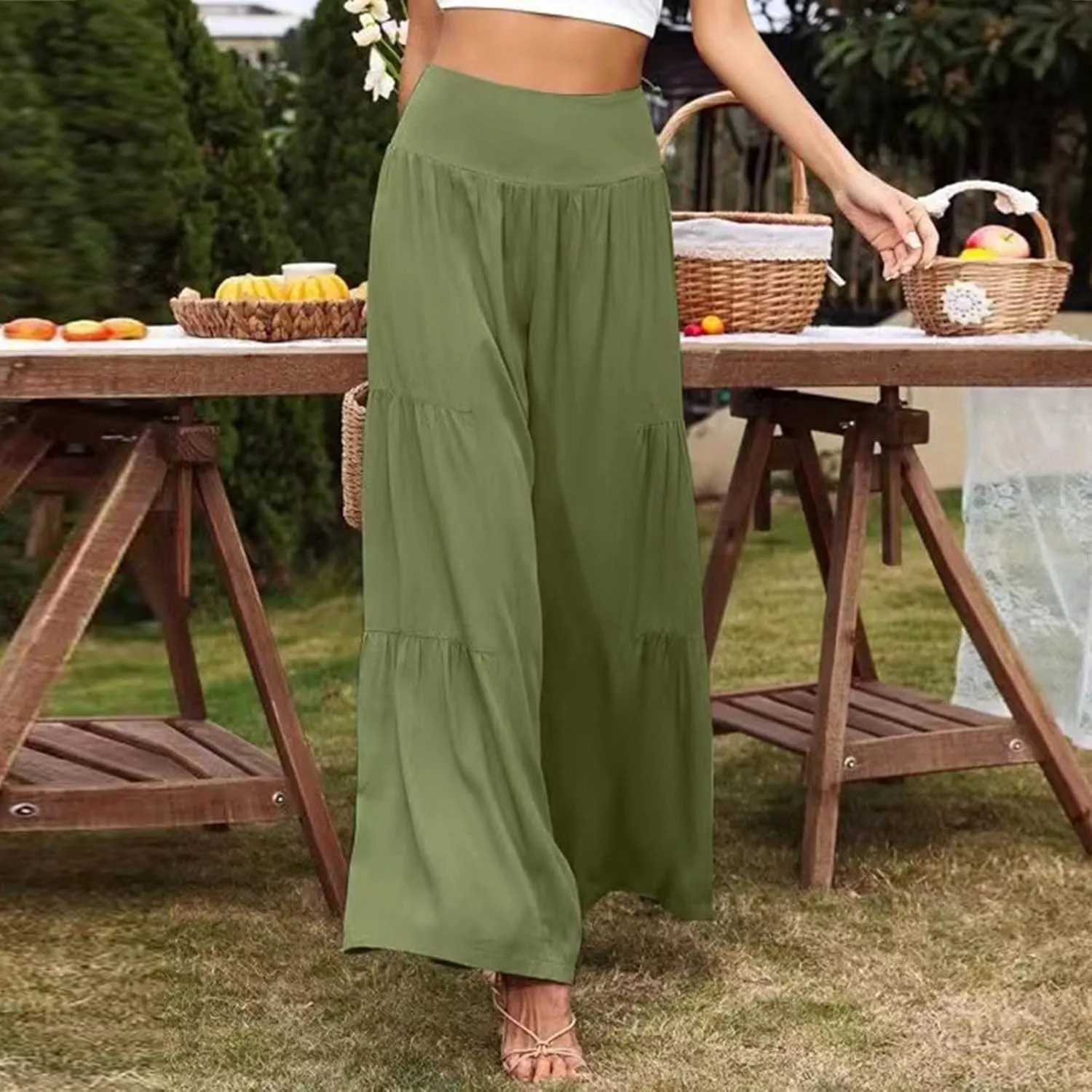 Womens Cotton Linen Pants Elastic High Waist Loose Fit Wide Leg Trousers 2025 Summer Casual Trendy Beach Pants