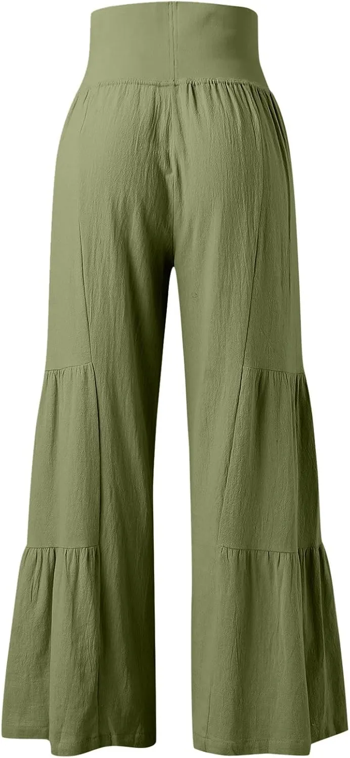 Womens Cotton Linen Pants Elastic High Waist Loose Fit Wide Leg Trousers 2025 Summer Casual Trendy Beach Pants