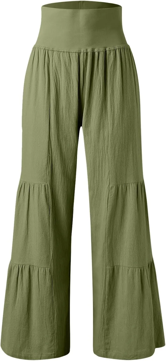 Womens Cotton Linen Pants Elastic High Waist Loose Fit Wide Leg Trousers 2025 Summer Casual Trendy Beach Pants