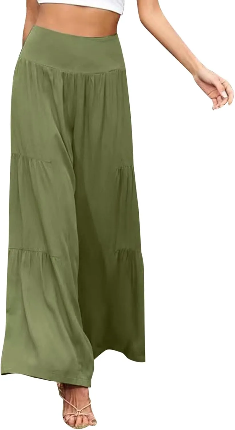Womens Cotton Linen Pants Elastic High Waist Loose Fit Wide Leg Trousers 2025 Summer Casual Trendy Beach Pants