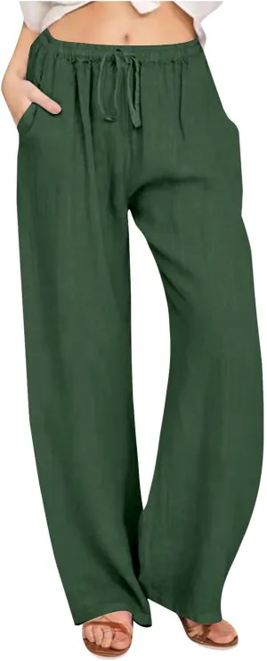 Women's Cotton Linen Pants Flowy Palazzo Pants Boho High Waist Wide Leg Trousers Summer Beach Vacation Outfits 2025