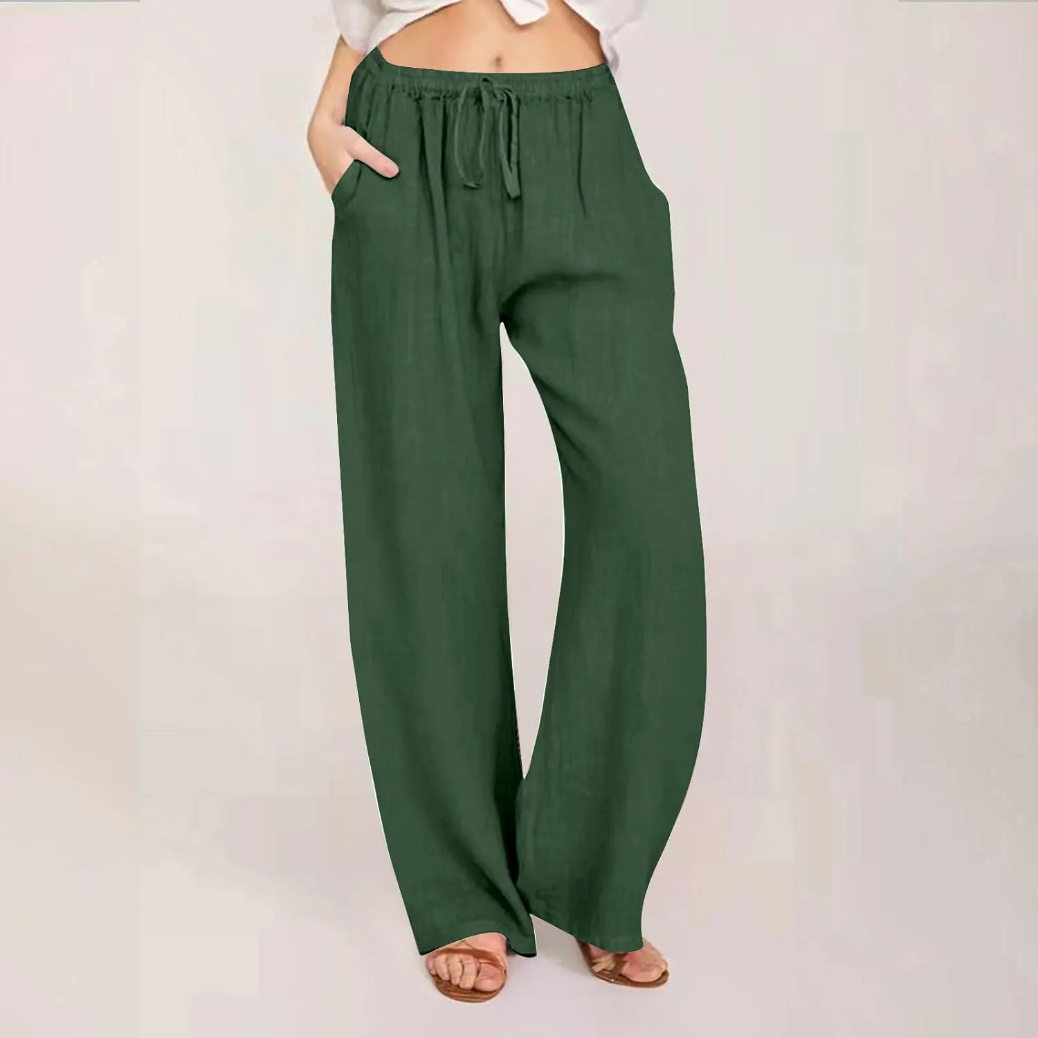 Women's Cotton Linen Pants Flowy Palazzo Pants Boho High Waist Wide Leg Trousers Summer Beach Vacation Outfits 2025