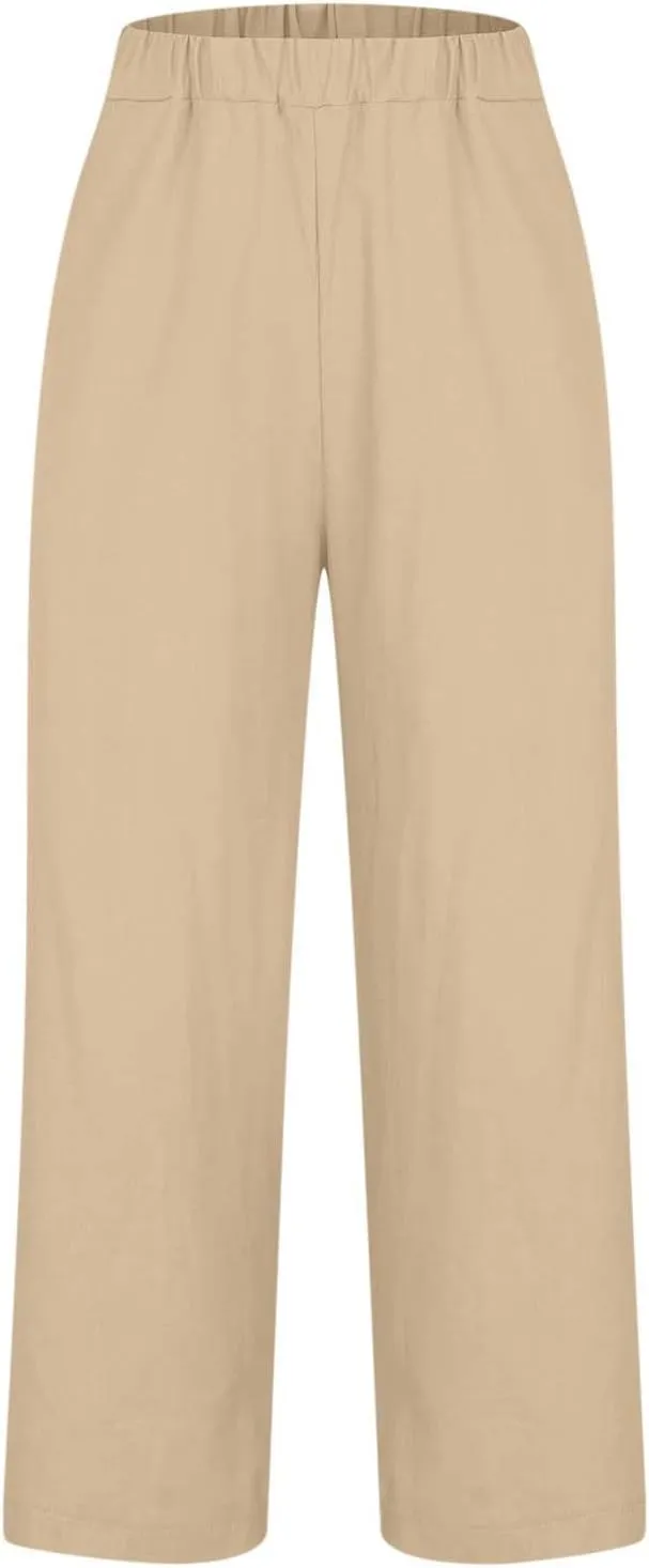 Women's Cotton Linen Pants Summer Trendy Straight Leg Pants Plus Size Elastic High Waist Lightweight Palazzo Trousers