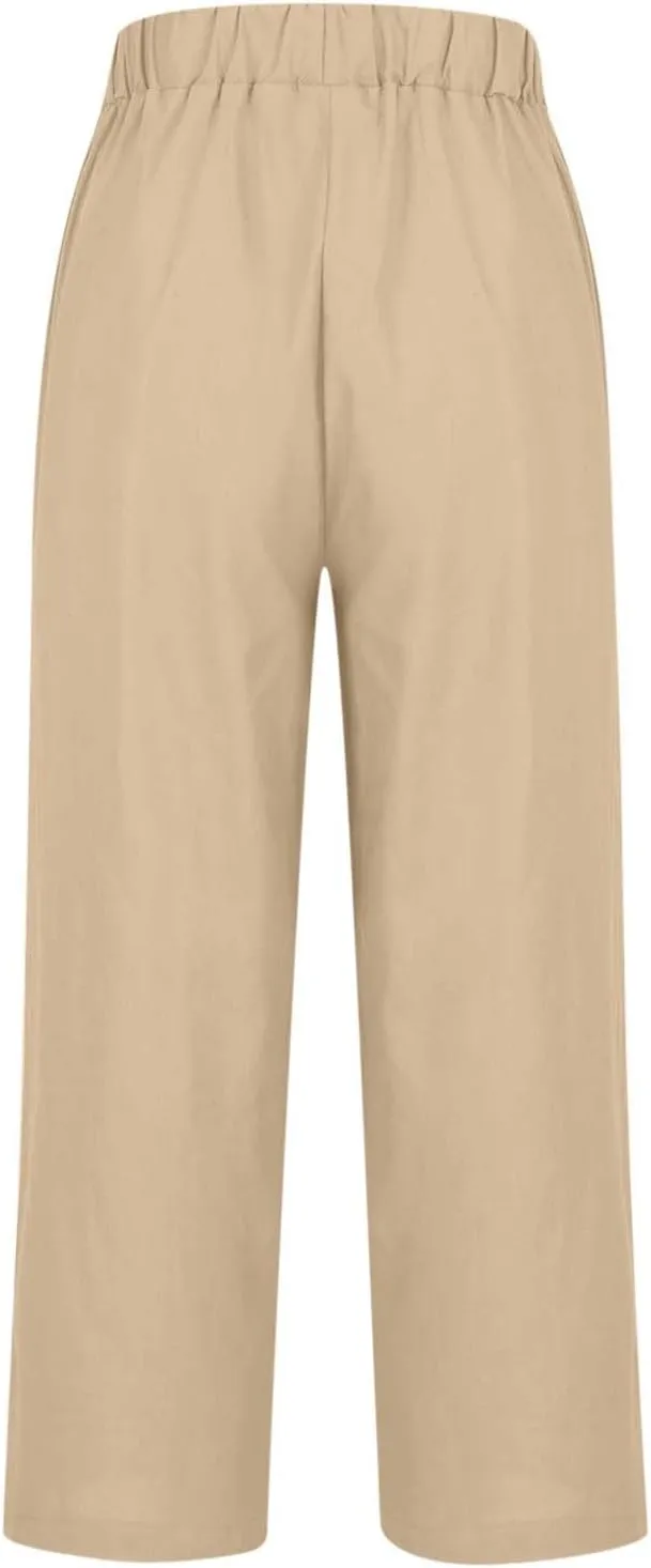 Women's Cotton Linen Pants Summer Trendy Straight Leg Pants Plus Size Elastic High Waist Lightweight Palazzo Trousers