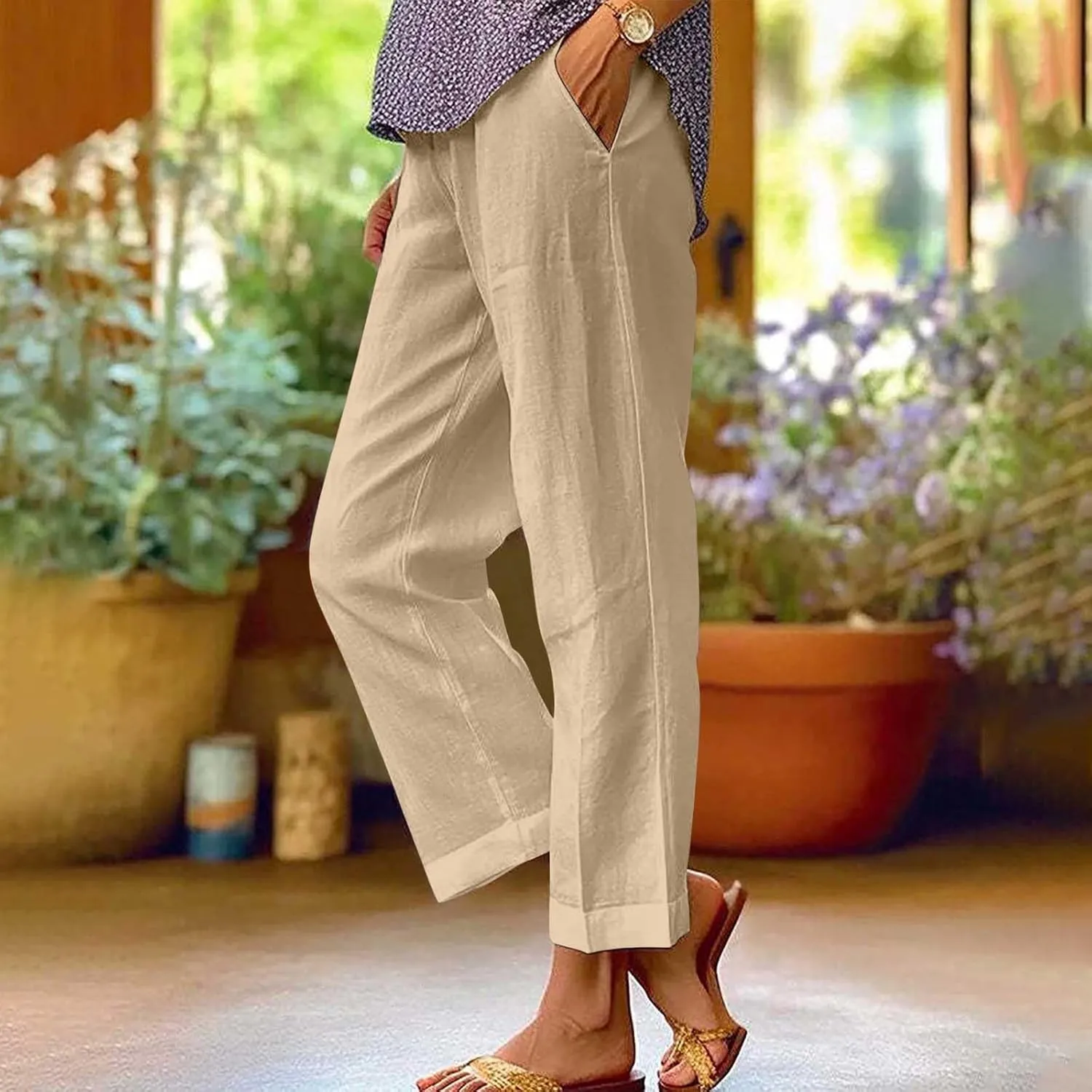 Women's Cotton Linen Pants Summer Trendy Straight Leg Pants Plus Size Elastic High Waist Lightweight Palazzo Trousers