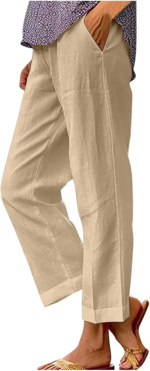 Women's Cotton Linen Pants Summer Trendy Straight Leg Pants Plus Size Elastic High Waist Lightweight Palazzo Trousers