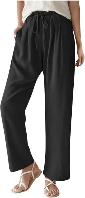 Women's Cotton Linen Pants Summer Wide Leg Casual Loose Drawstring High Waist Palazzo Trousers Pants Tie Knot Lounge