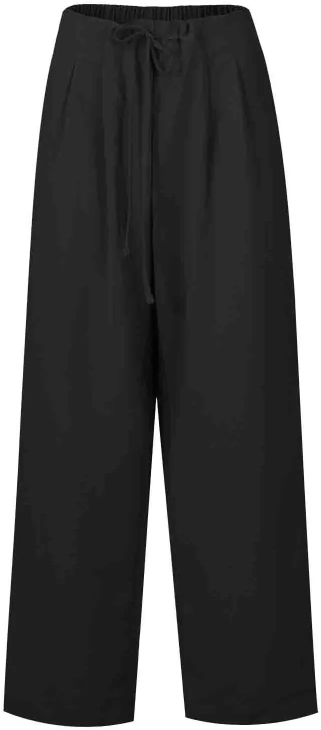 Women's Cotton Linen Pants Summer Wide Leg Casual Loose Drawstring High Waist Palazzo Trousers Pants Tie Knot Lounge