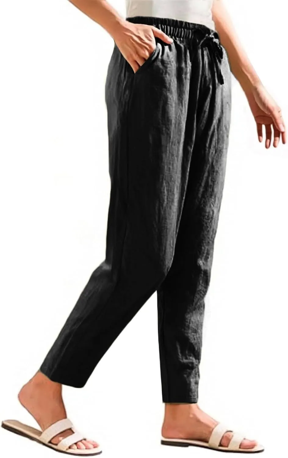 Women's Cotton Linen Straight Leg Pants Elastic Drawstring Summer Trousers with Pockets Casual Beach Lounge Pants