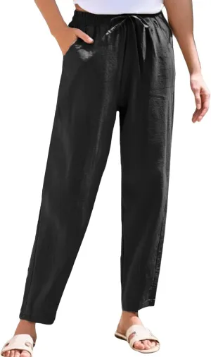 Women's Cotton Linen Straight Leg Pants Elastic Drawstring Summer Trousers with Pockets Casual Beach Lounge Pants