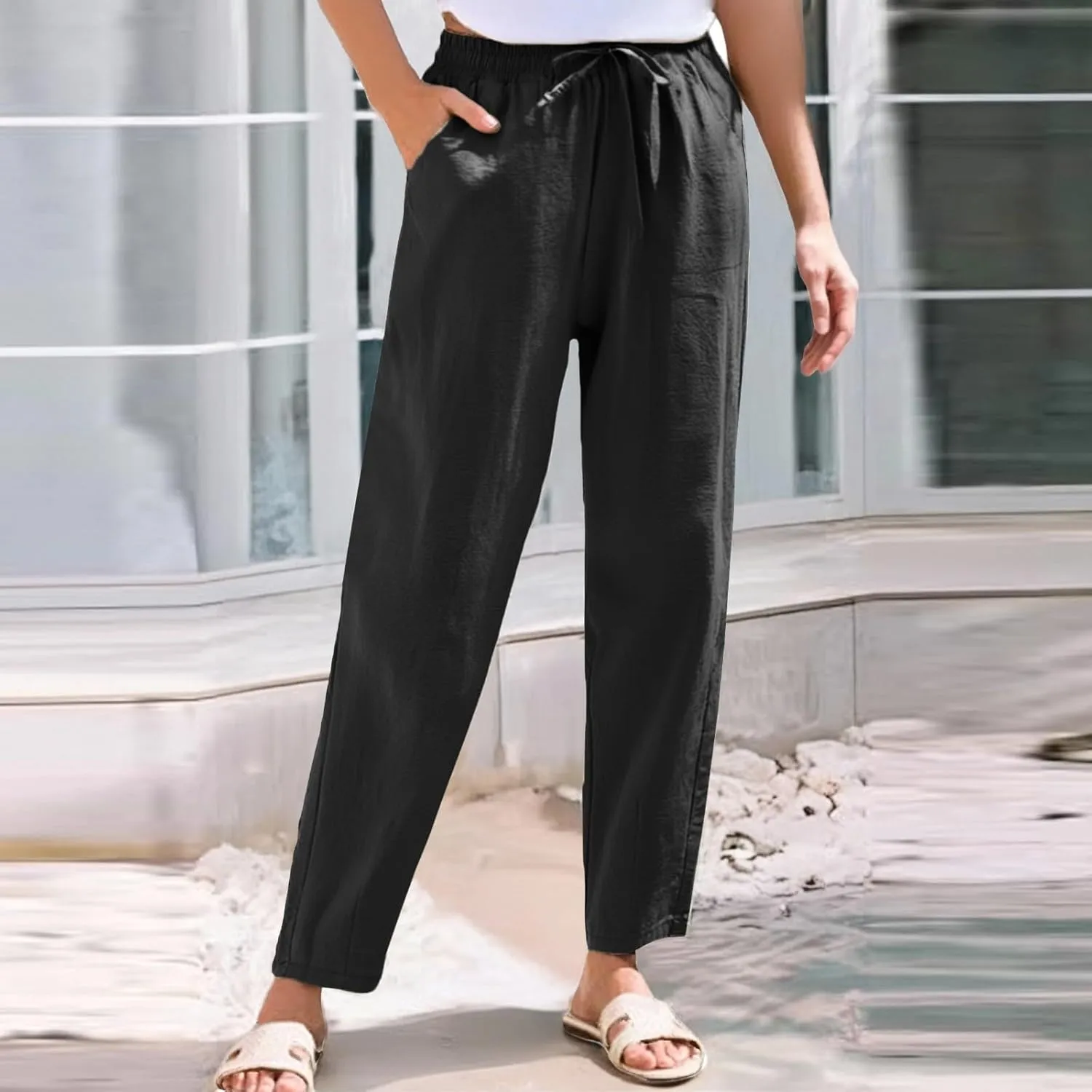 Women's Cotton Linen Straight Leg Pants Elastic Drawstring Summer Trousers with Pockets Casual Beach Lounge Pants
