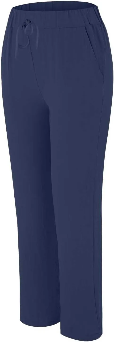 Womens Cotton Linen Straight Leg Pants Summer Drawstring Elastic High Waist Pants Casual Trousers with Pockets