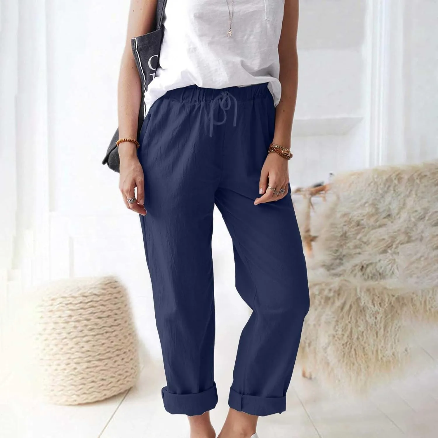 Womens Cotton Linen Straight Leg Pants Summer Drawstring Elastic High Waist Pants Casual Trousers with Pockets